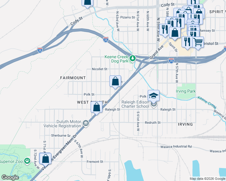 map of restaurants, bars, coffee shops, grocery stores, and more near in Duluth