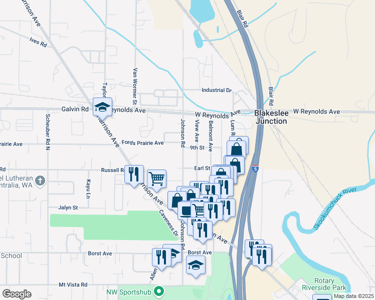 map of restaurants, bars, coffee shops, grocery stores, and more near 1412 Johnson Road in Centralia