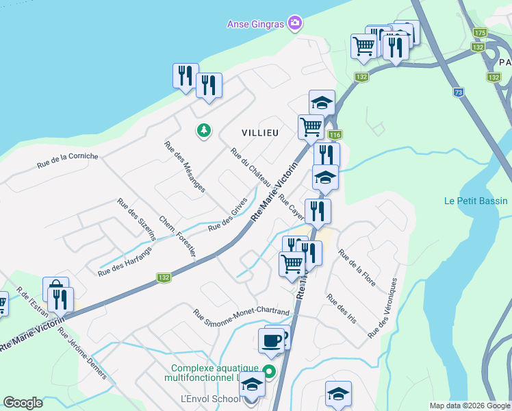 map of restaurants, bars, coffee shops, grocery stores, and more near 268 Route Marie-Victorin in Saint-Nicolas