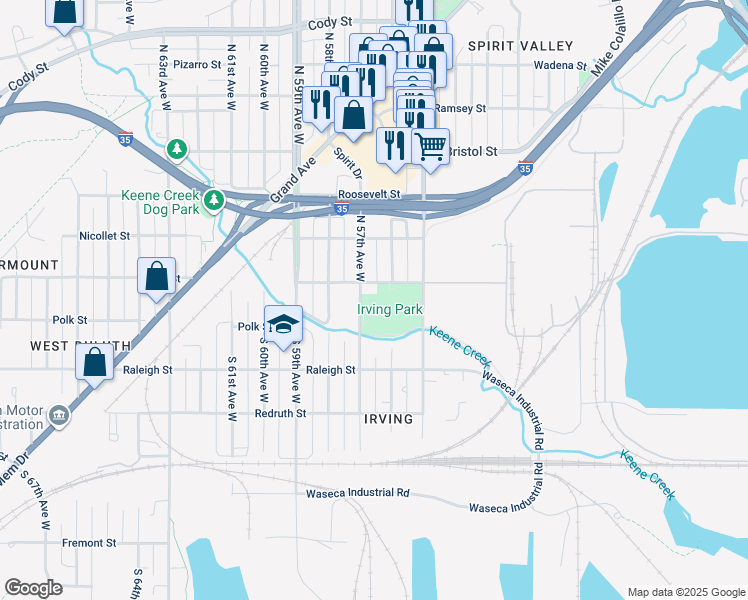 map of restaurants, bars, coffee shops, grocery stores, and more near 20 South 57th Avenue West in Duluth