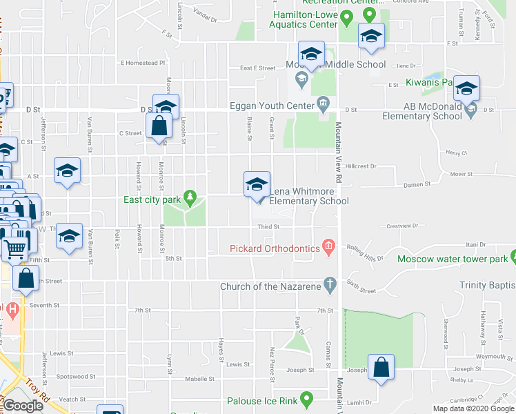 map of restaurants, bars, coffee shops, grocery stores, and more near 110 South Blaine Street in Moscow