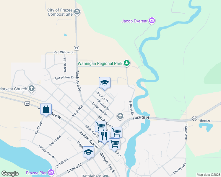 map of restaurants, bars, coffee shops, grocery stores, and more near 305 Lake Street North in Frazee