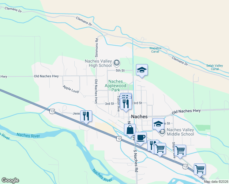 map of restaurants, bars, coffee shops, grocery stores, and more near 104 4th Street in Naches