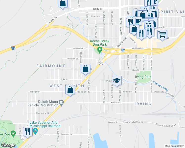 map of restaurants, bars, coffee shops, grocery stores, and more near 6228 Grand Avenue in Duluth