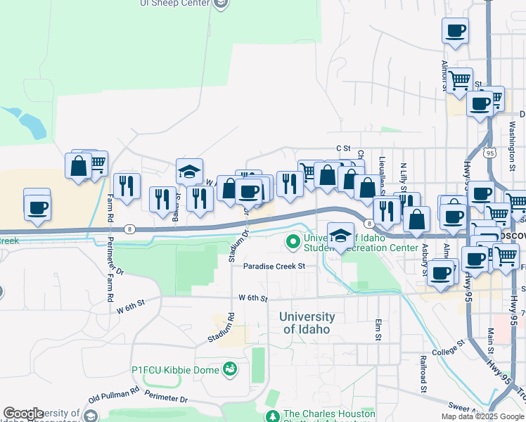 map of restaurants, bars, coffee shops, grocery stores, and more near 1025 West A Street in Moscow