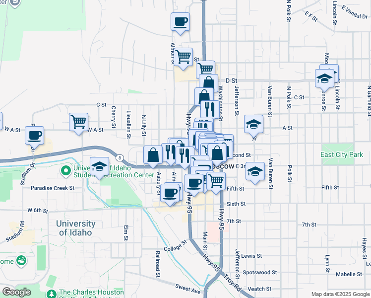 map of restaurants, bars, coffee shops, grocery stores, and more near 113 Jackson Street in Moscow