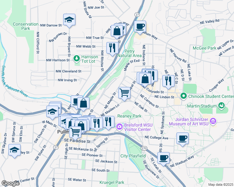 map of restaurants, bars, coffee shops, grocery stores, and more near 620 Northeast Kamiaken Street in Pullman