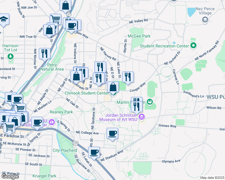 map of restaurants, bars, coffee shops, grocery stores, and more near in Pullman