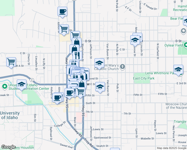 map of restaurants, bars, coffee shops, grocery stores, and more near 110 South Jefferson Street in Moscow