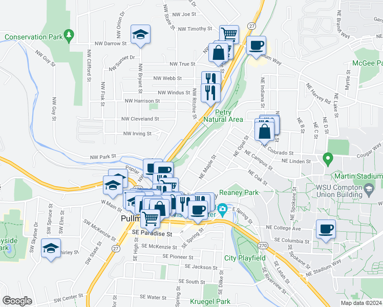map of restaurants, bars, coffee shops, grocery stores, and more near 600 North Grand Avenue in Pullman
