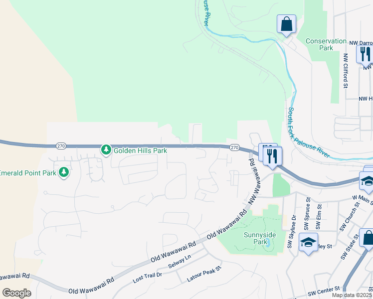 map of restaurants, bars, coffee shops, grocery stores, and more near 1205 NW Davis Way in Pullman