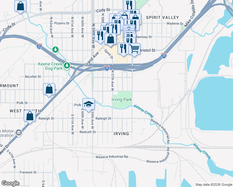 map of restaurants, bars, coffee shops, grocery stores, and more near 2 North 57th Avenue West in Duluth