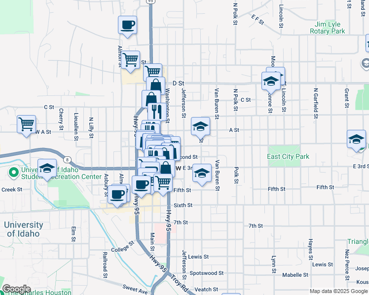 map of restaurants, bars, coffee shops, grocery stores, and more near 110 South Jefferson Street in Moscow