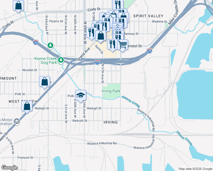 map of restaurants, bars, coffee shops, grocery stores, and more near 2 North 57th Avenue West in Duluth