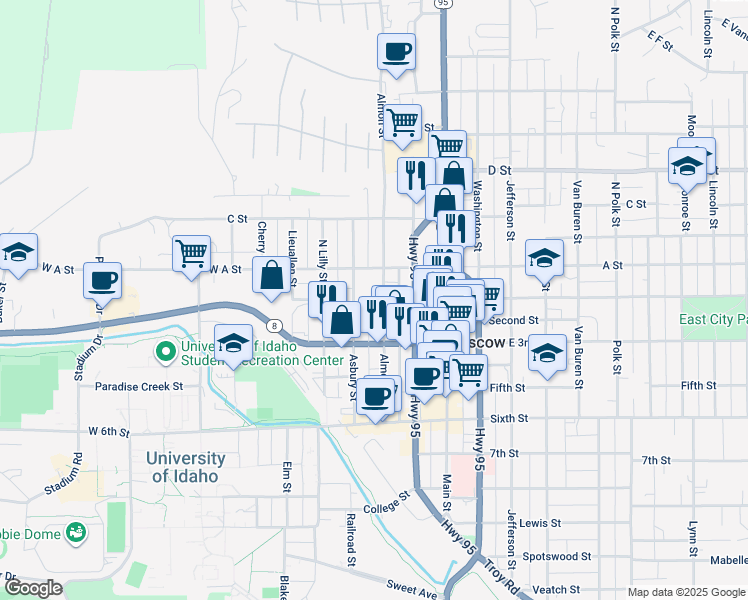 map of restaurants, bars, coffee shops, grocery stores, and more near 101 South Almon Street in Moscow