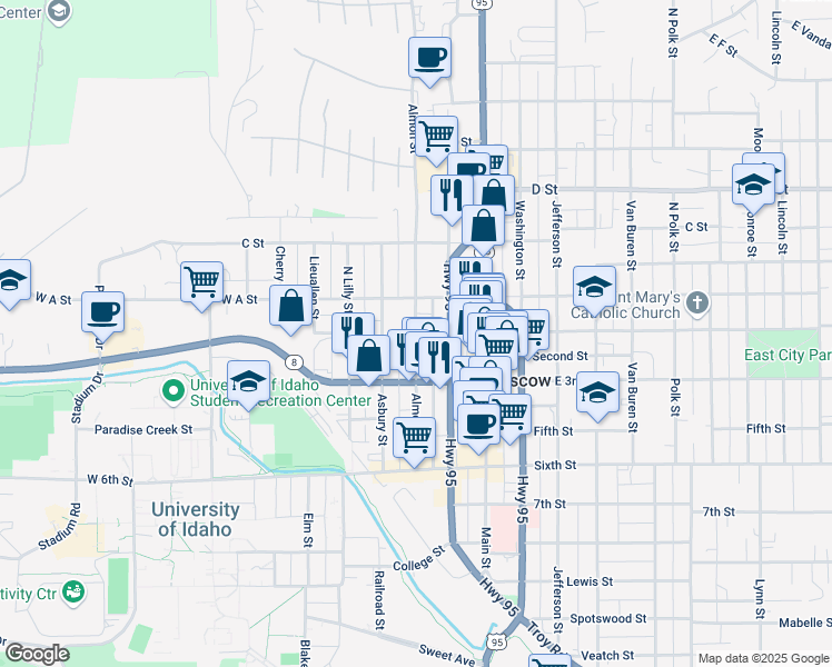 map of restaurants, bars, coffee shops, grocery stores, and more near 101 South Almon Street in Moscow