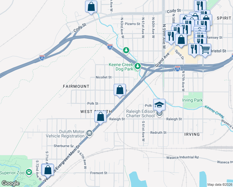 map of restaurants, bars, coffee shops, grocery stores, and more near 6311 Main Street in Duluth
