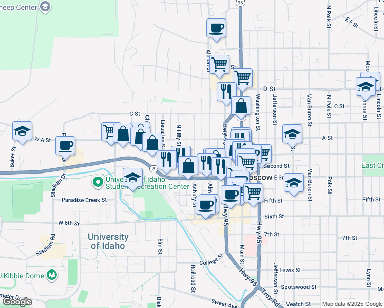 map of restaurants, bars, coffee shops, grocery stores, and more near 111 North Asbury Street in Moscow