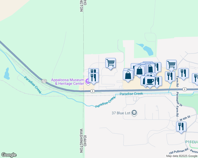 map of restaurants, bars, coffee shops, grocery stores, and more near 133 War Bonnet Drive in Moscow
