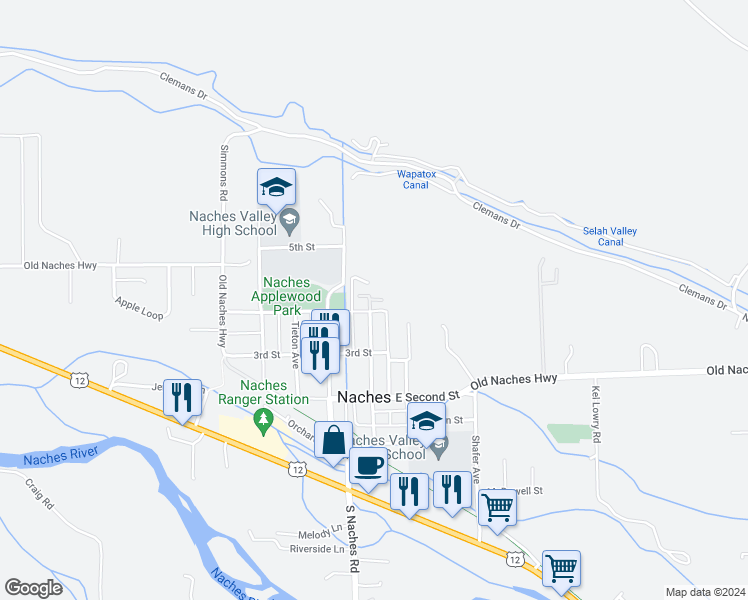 map of restaurants, bars, coffee shops, grocery stores, and more near 401 Moxee Avenue in Naches