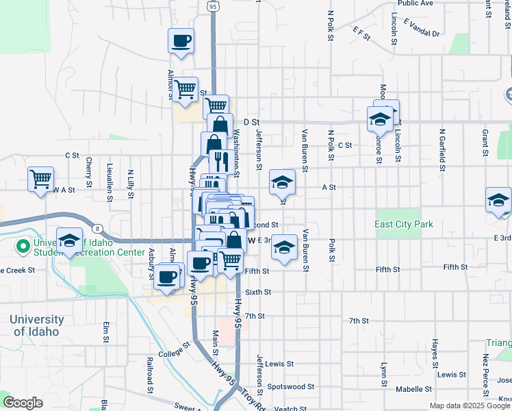 map of restaurants, bars, coffee shops, grocery stores, and more near 226 East 1st Street in Moscow