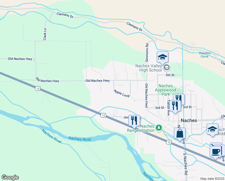 map of restaurants, bars, coffee shops, grocery stores, and more near 135 Apple Loop in Naches
