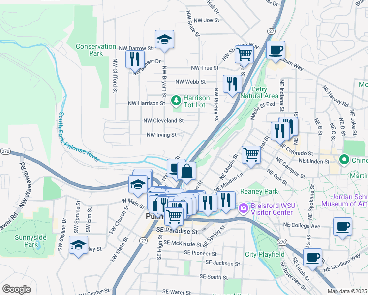 map of restaurants, bars, coffee shops, grocery stores, and more near 505 Northwest State Street in Pullman