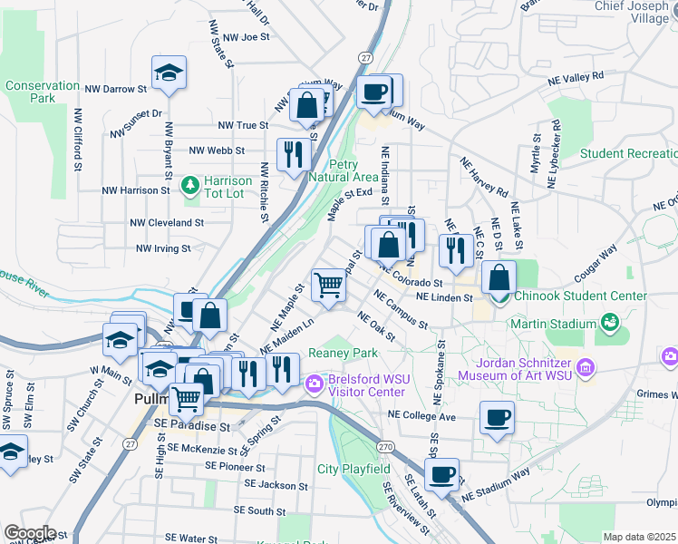 map of restaurants, bars, coffee shops, grocery stores, and more near 415 Northeast Campus Street in Pullman