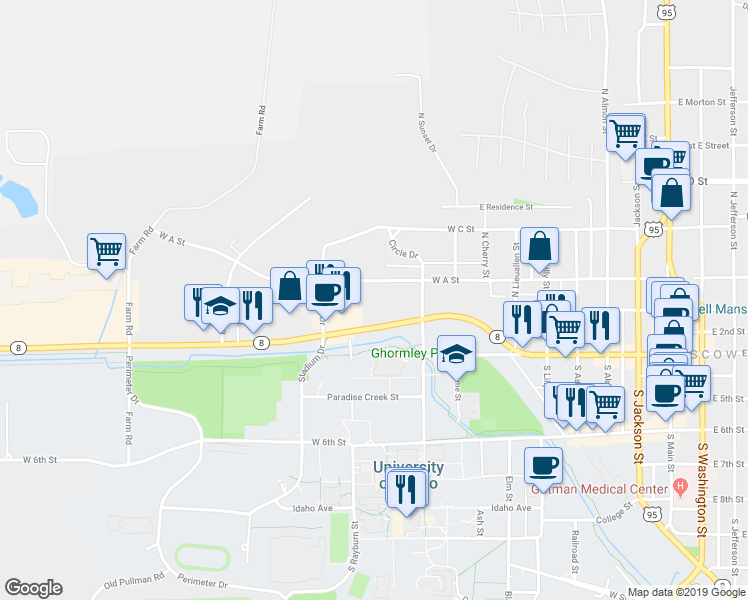 map of restaurants, bars, coffee shops, grocery stores, and more near 1000 West Pullman Road in Moscow