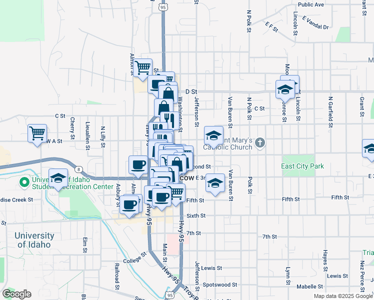 map of restaurants, bars, coffee shops, grocery stores, and more near 108 North Washington Street in Moscow