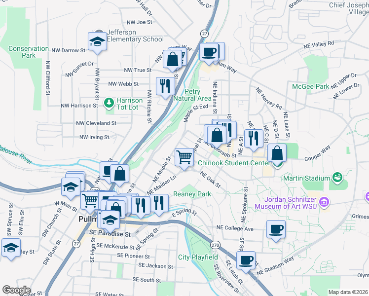 map of restaurants, bars, coffee shops, grocery stores, and more near 415 Northeast Campus Street in Pullman