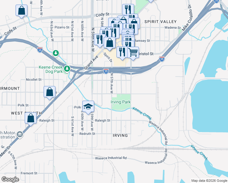 map of restaurants, bars, coffee shops, grocery stores, and more near 2 North 57th Avenue West in Duluth
