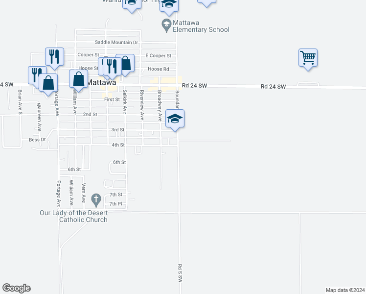 map of restaurants, bars, coffee shops, grocery stores, and more near 403 Boundary Avenue in Mattawa