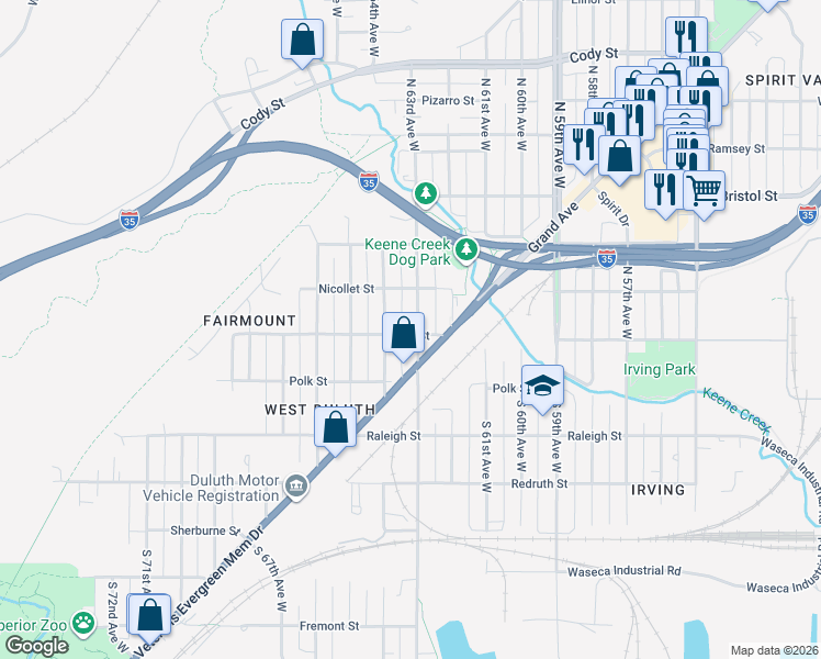 map of restaurants, bars, coffee shops, grocery stores, and more near 6311 Main Street in Duluth