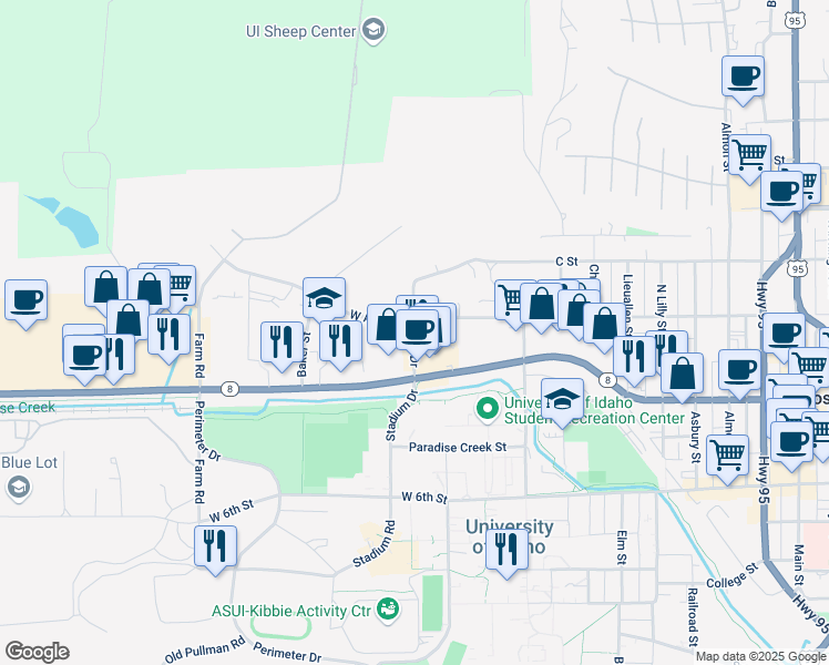 map of restaurants, bars, coffee shops, grocery stores, and more near 175 Peterson Dr in Moscow