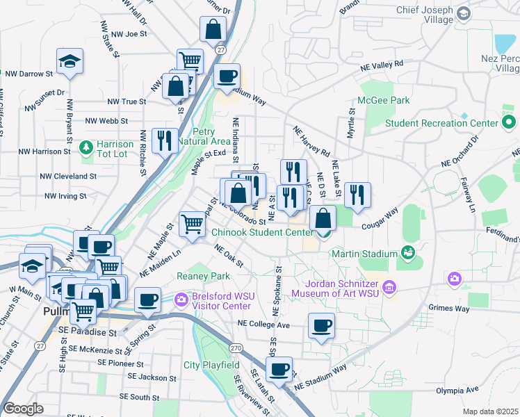 map of restaurants, bars, coffee shops, grocery stores, and more near 810 Northeast Monroe Street in Pullman