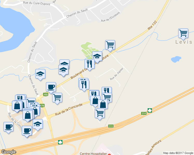 map of restaurants, bars, coffee shops, grocery stores, and more near 1326 Rue de Saturne in Lévis