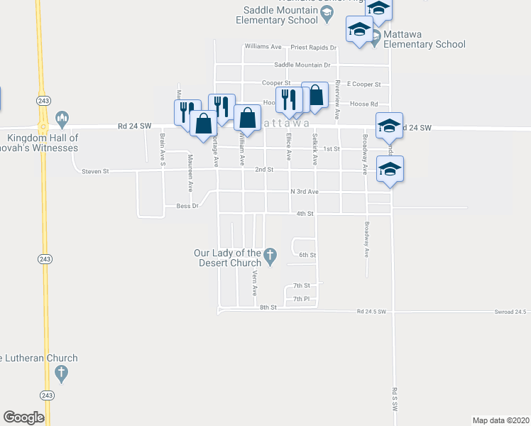map of restaurants, bars, coffee shops, grocery stores, and more near 302 4th Street in Mattawa