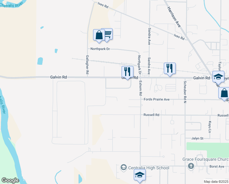 map of restaurants, bars, coffee shops, grocery stores, and more near 3510 Steelhammer Lane in Centralia