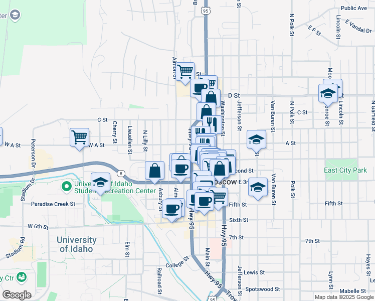 map of restaurants, bars, coffee shops, grocery stores, and more near 113 Jackson Street in Moscow