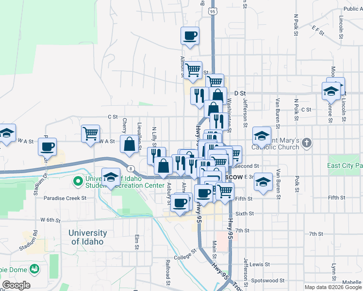 map of restaurants, bars, coffee shops, grocery stores, and more near 109 North Almon Street in Moscow