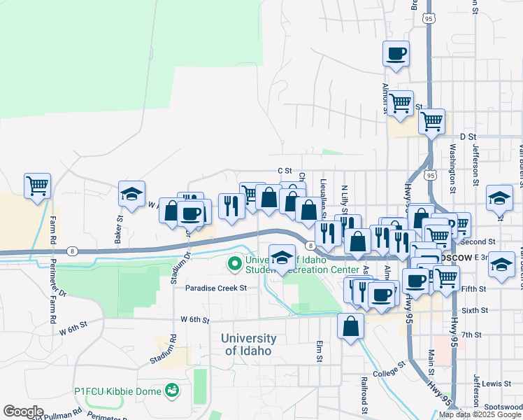 map of restaurants, bars, coffee shops, grocery stores, and more near 114 North Line Street in Moscow