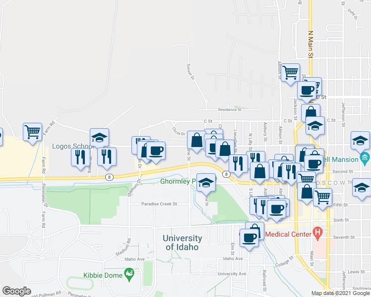 map of restaurants, bars, coffee shops, grocery stores, and more near 114 North Line Street in Moscow