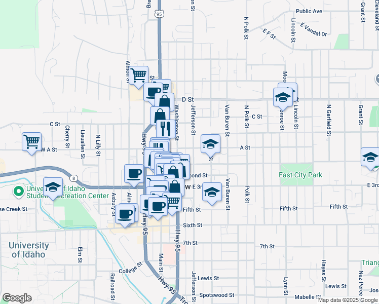 map of restaurants, bars, coffee shops, grocery stores, and more near 226 East 1st Street in Moscow