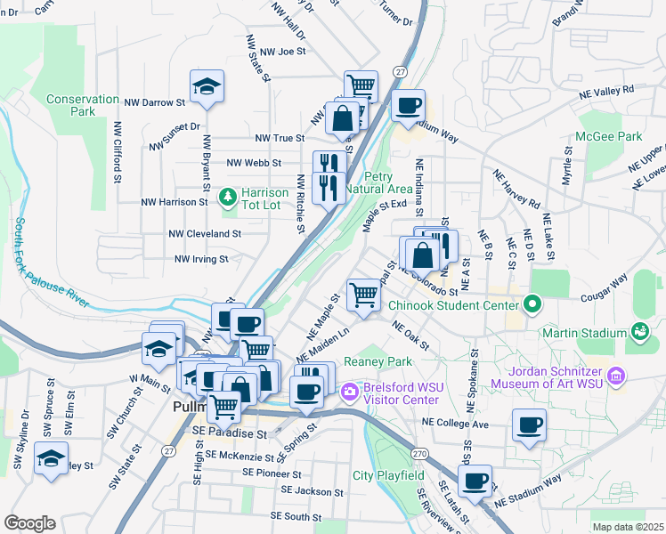 map of restaurants, bars, coffee shops, grocery stores, and more near 620 Northeast Kamiaken Street in Pullman
