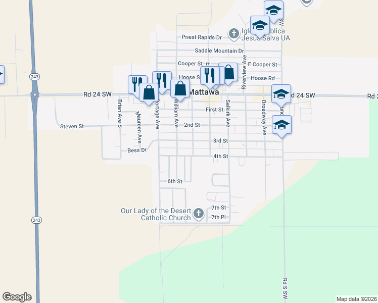 map of restaurants, bars, coffee shops, grocery stores, and more near 302 4th Street in Mattawa