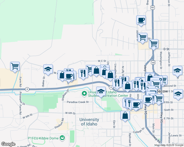 map of restaurants, bars, coffee shops, grocery stores, and more near 114 North Line Street in Moscow