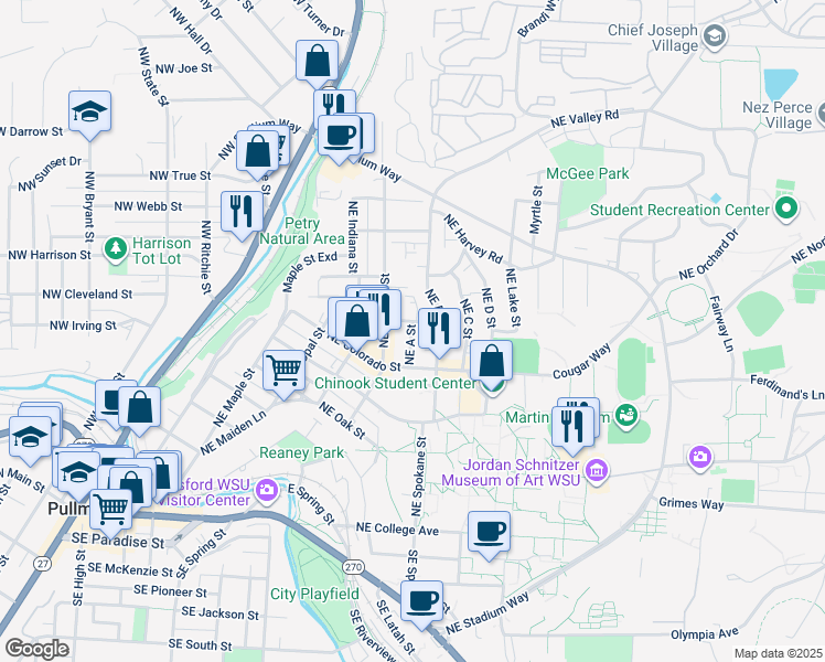 map of restaurants, bars, coffee shops, grocery stores, and more near 810 Northeast Monroe Street in Pullman
