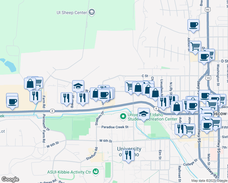map of restaurants, bars, coffee shops, grocery stores, and more near 1025 West A Street in Moscow