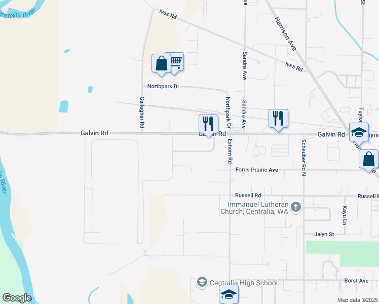 map of restaurants, bars, coffee shops, grocery stores, and more near 3510 Steelhammer Lane in Centralia